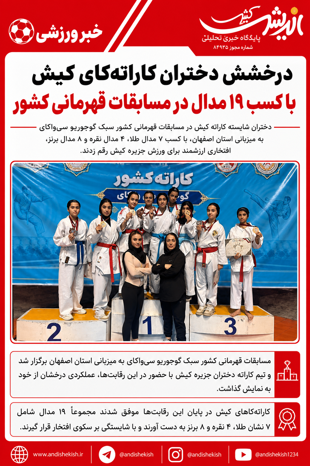درخشش دختران کاراته‌کای کیش با کسب ۱۹ مدال در مسابقات قهرمانی کشور
