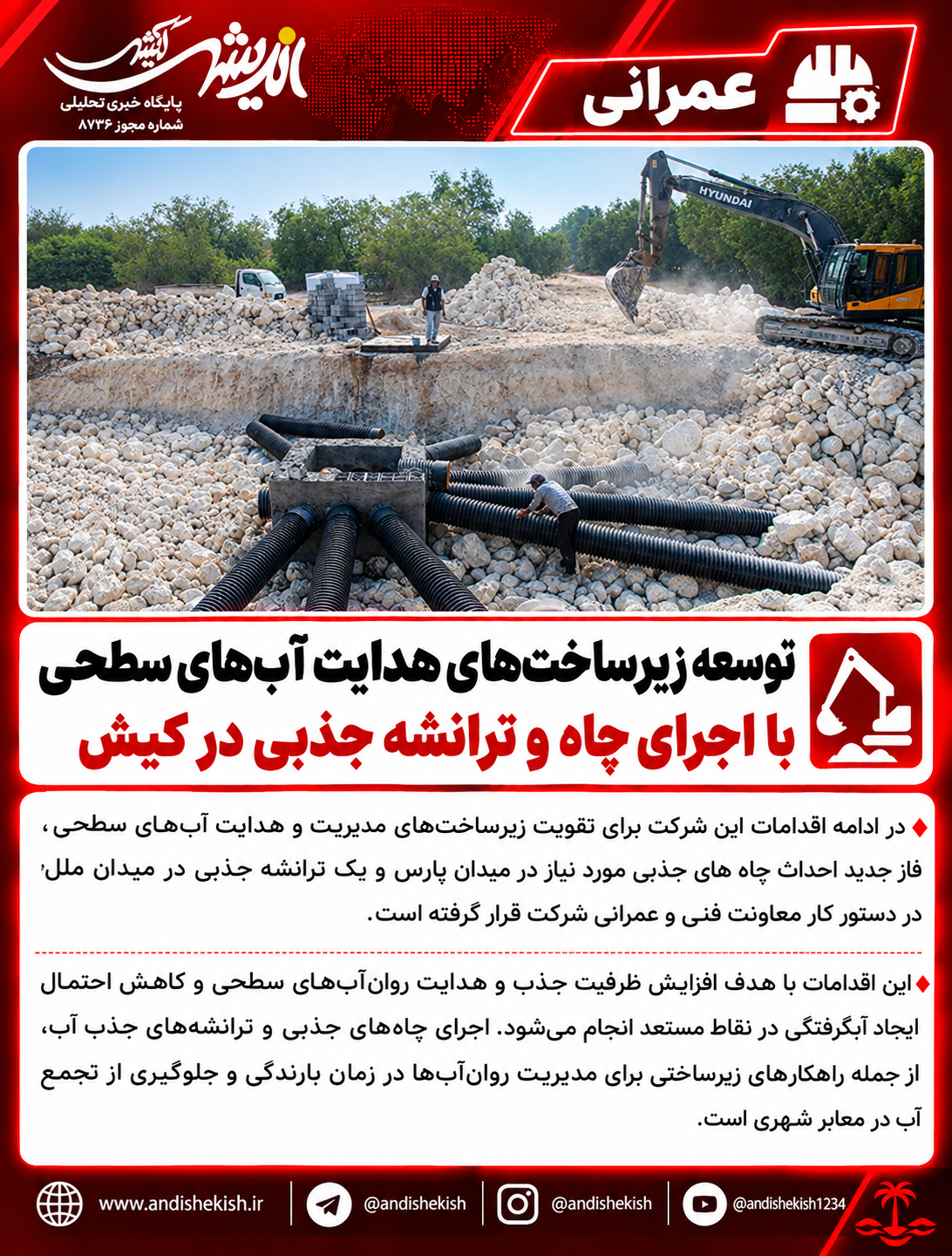توسعه زیرساخت‌های هدایت آب‌های سطحی با اجرای چاه و ترانشه جذبی در کیش