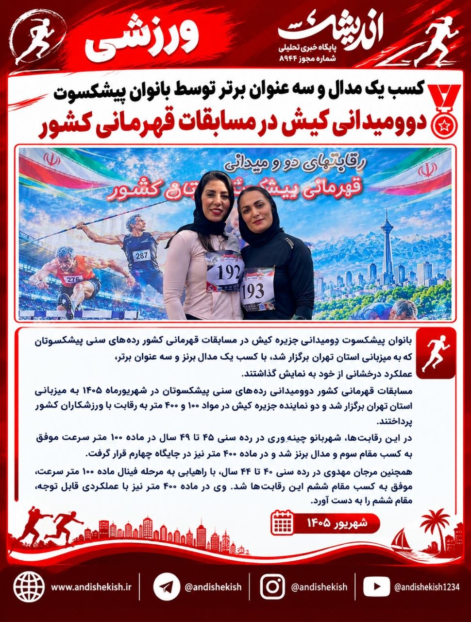 کسب یک مدال و سه عنوان برتر توسط بانوان پیشکسوت دوومیدانی کیش در مسابقات قهرمانی کشور