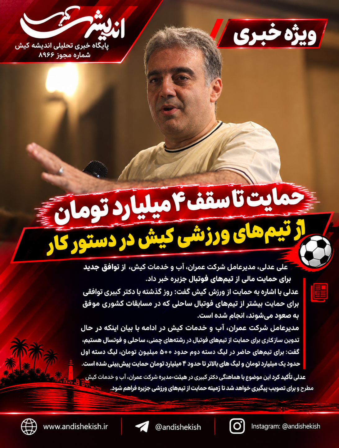 حمایت تا سقف ۴ میلیارد تومان از تیم‌های ورزشی کیش در دستور کار
