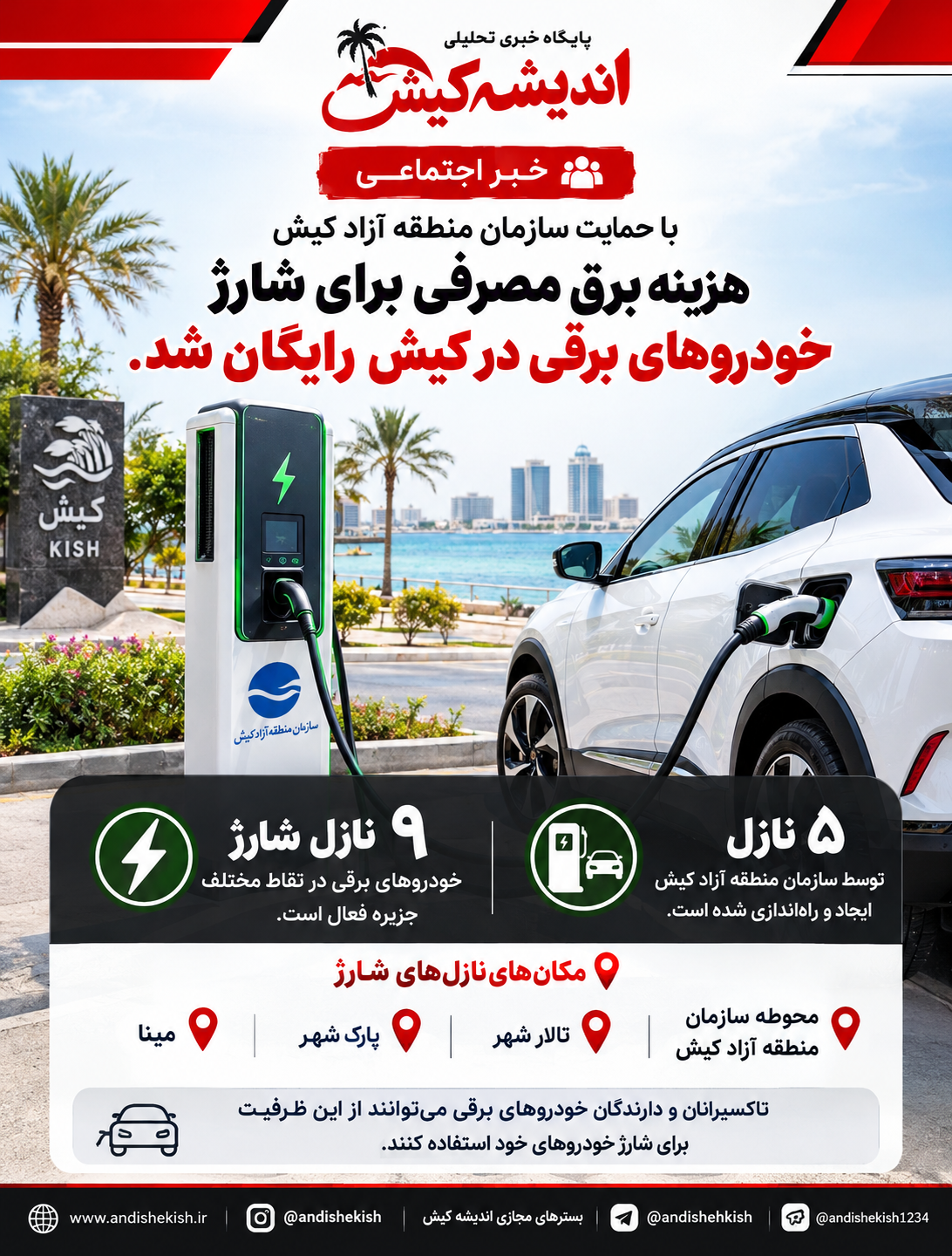با حمایت سازمان منطقه آزاد کیش هزینه برق مصرفی برای شارژ خودروهای برقی در کیش رایگان شد