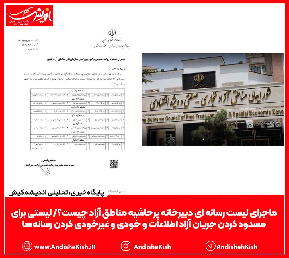 ماجرای لیست رسانه ای دبیرخانه پرحاشیه مناطق آزاد چیست؟/ لیستی برای مسدود کردن جریان آزاد اطلاعات و خودی و غیرخودی کردن رسانهها ماجرای لیست رسانه ای دبیرخانه پرحاشیه مناطق آزاد چیست؟/ لیستی برای مسدود کردن جریان آزاد اطلاعات و خودی و غیرخودی کردن رسانهها