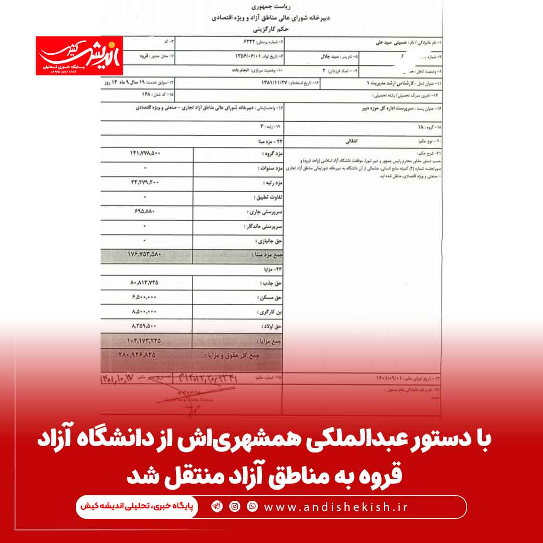 با دستور عبدالملکی همشهری‌اش از دانشگاه آزاد قروه به مناطق آزاد منتقل شد