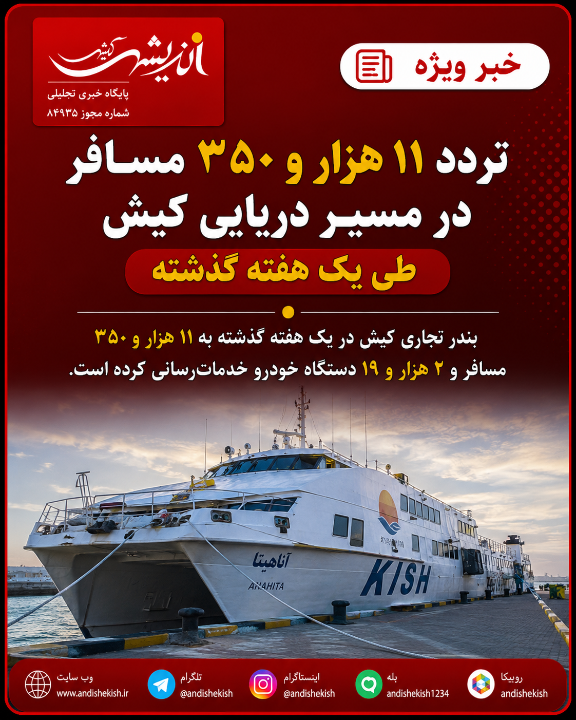 تردد ۱۱ هزار و ۳۵۰ مسافر در مسیر دریایی کیش طی یک هفته گذشته تردد ۱۱ هزار و ۳۵۰ مسافر در مسیر دریایی کیش طی یک هفته گذشته