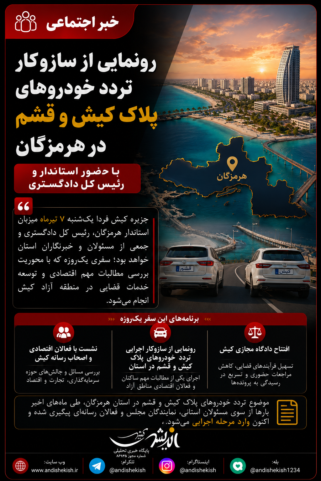 رونمایی از سازوکار تردد خودروهای پلاک کیش و قشم در هرمزگان با حضور استاندار و رئیس کل دادگستری