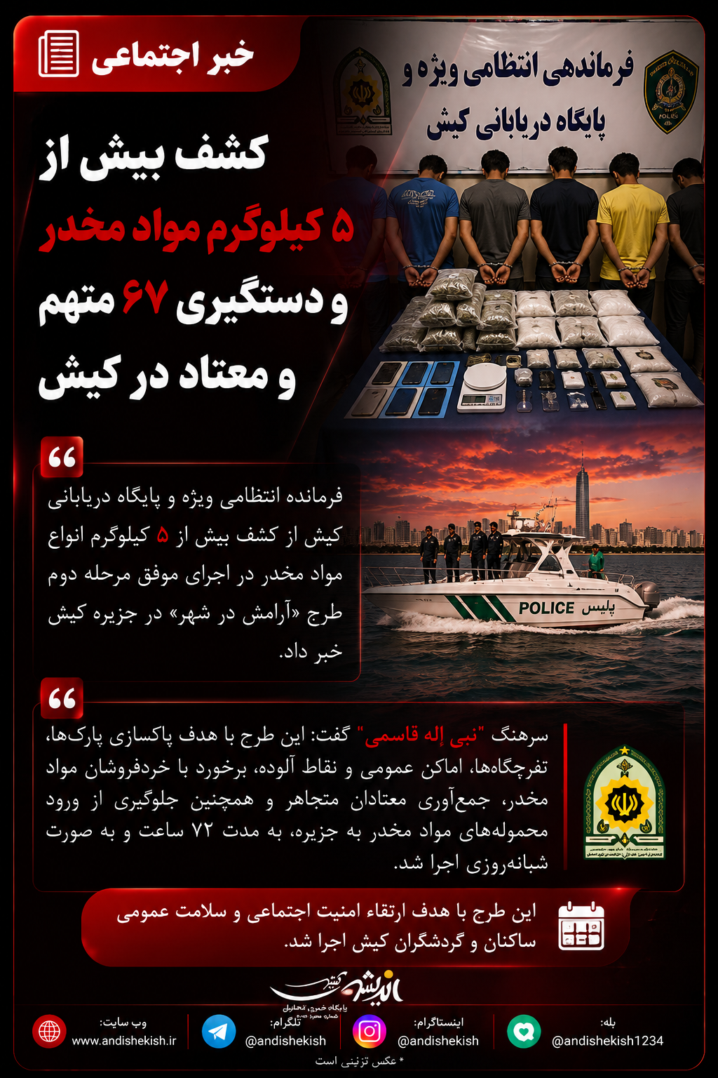 کشف بیش از ۵ کیلوگرم مواد مخدر و دستگیری ۶۷ متهم و معتاد در کیش