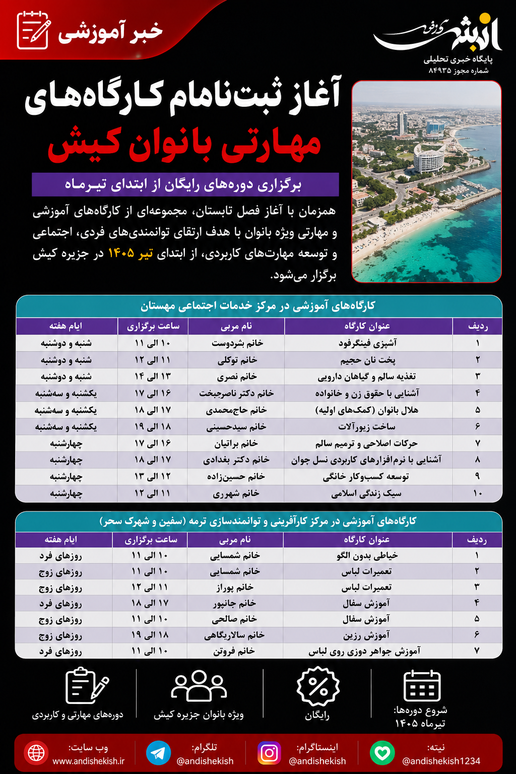 آغاز ثبتنام کارگاههای مهارتی بانوان کیش / برگزاری دورههای رایگان از ابتدای تیرماه آغاز ثبتنام کارگاههای مهارتی بانوان کیش / برگزاری دورههای رایگان از ابتدای تیرماه
