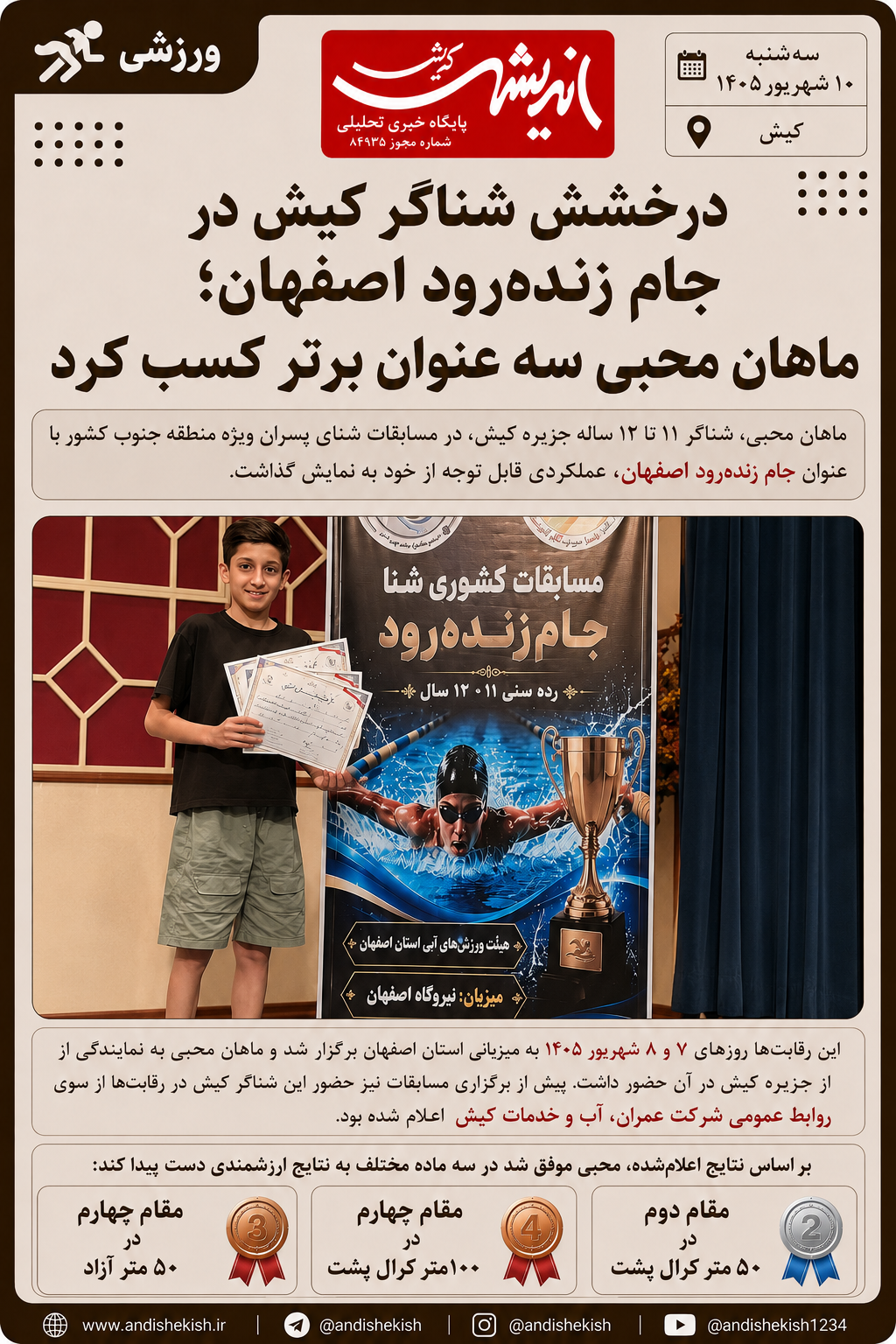 درخشش شناگر کیش در جام زنده‌رود اصفهان؛ ماهان محبی سه عنوان برتر کسب کرد