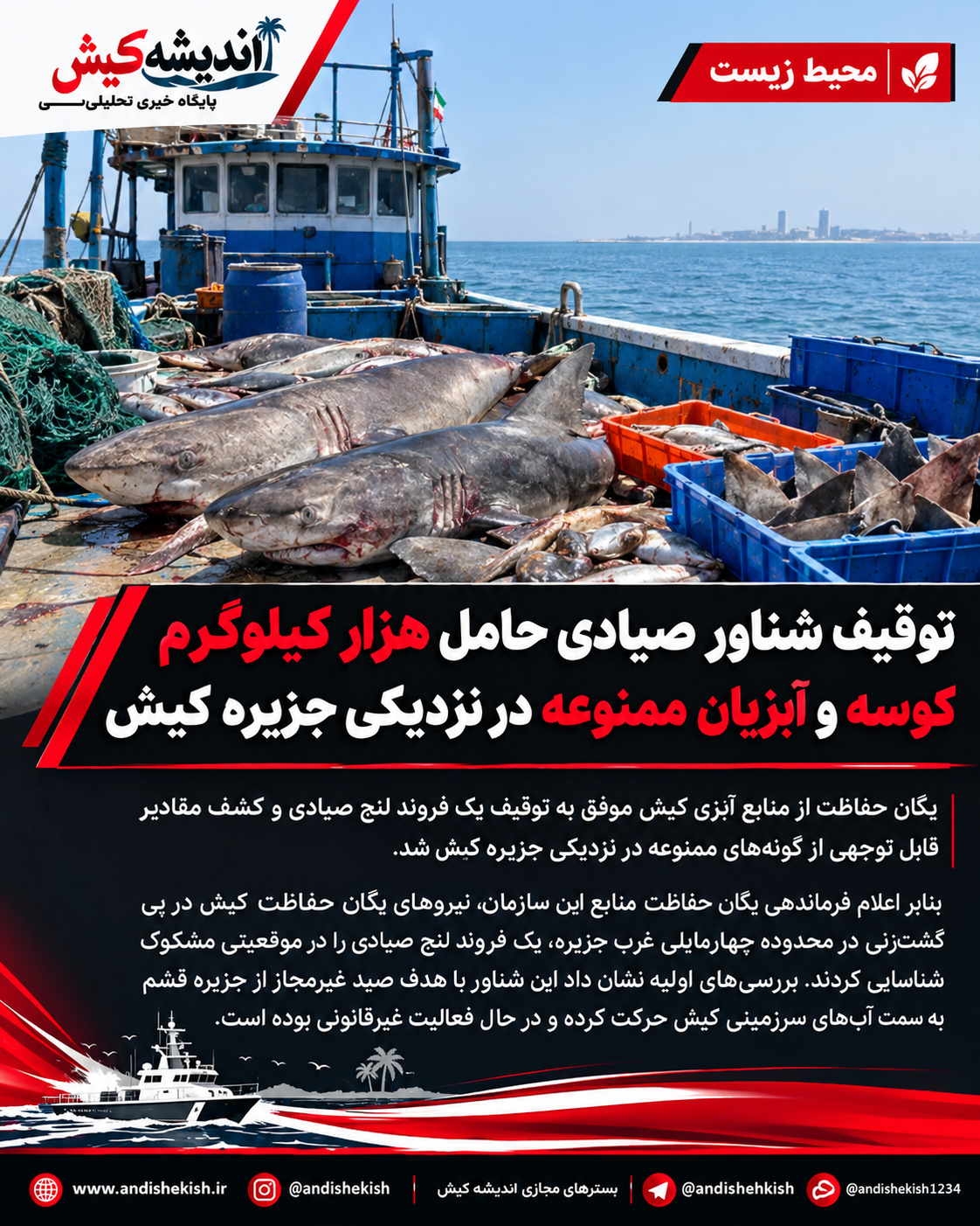 توقیف شناور صیادی حامل هزار کیلوگرم کوسه و آبزیان ممنوعه در نزدیکی جزیره کیش توقیف شناور صیادی حامل هزار کیلوگرم کوسه و آبزیان ممنوعه در نزدیکی جزیره کیش